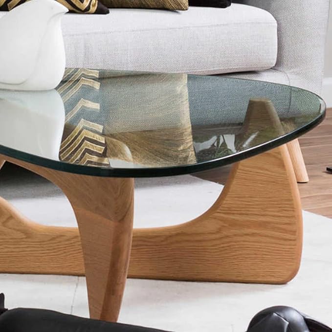 Triangle Glass Coffee Table Vintage Glass End Table, Solid Wood Base and Triangle Clear Glass Top Modern End Table for Living Room, Patio, Study (Light Walnut)