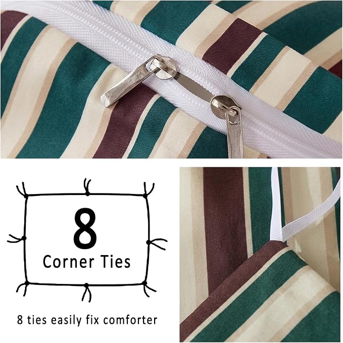 Merryword 100% Cotton Duvet Cover Set King Size - Vintage Green Cabana Striped Bedding Set with Zipper & Corner Ties, 3-Piece Luxury & Silky Soft Bedding Set for All Seasons