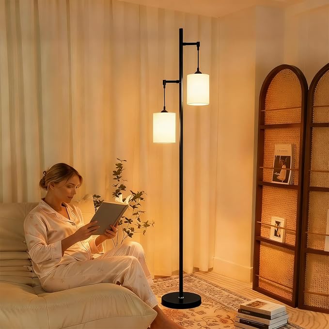 Lightdot 65IN Black Floor Lamp for Living Room, Industrial 2-Light Tree Floor Lamps with Linen Shade, Modern Standing Tall Lamp with 5Lbs Heavy Base for Bedroom/Sofa Beside/Corner Decor(Bulb Included)