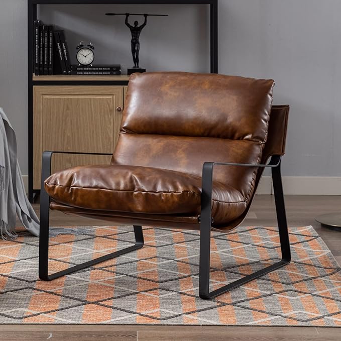 LukeAlon Modern PU Leather Accent Armchairs Set of 2, Upholstered Soft Living Room Chairs with Black Metal Legs Removable Thickened Cushion Sofa Chairs Lounge Chair for Bedroom Living Room, Brown