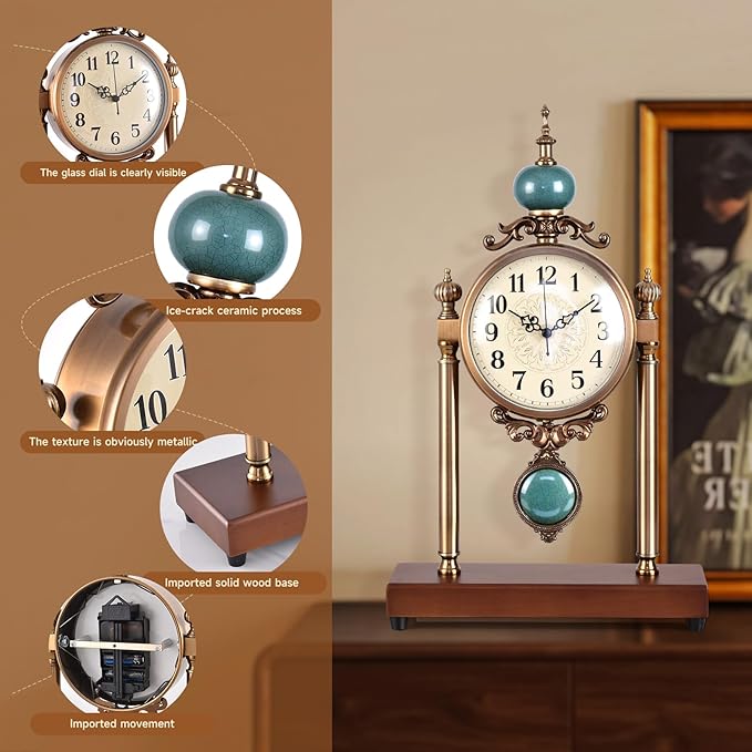 Vintage Mantel Clock, Silent Non-Ticking Table Clock with Pendulum, Luxury Metal & Wood Desk Clock for Living Room, Bedroom, Study Room Decor
