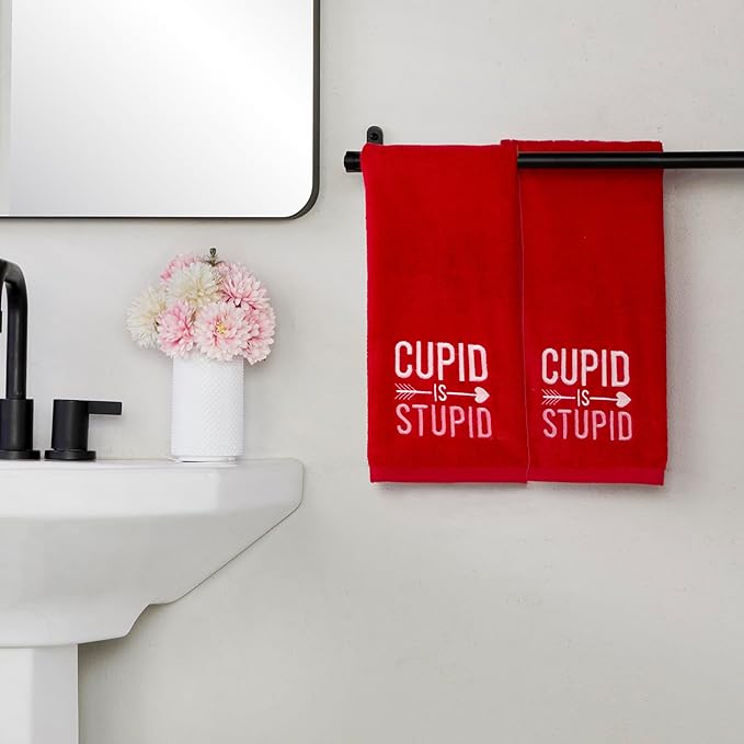SKL Home Valentine's Day Cupid is Stupid 100% Cotton Embroidered 2pc Hand Towel Set, Decorative for Bath/Kitchen/Bar & Gift, Red