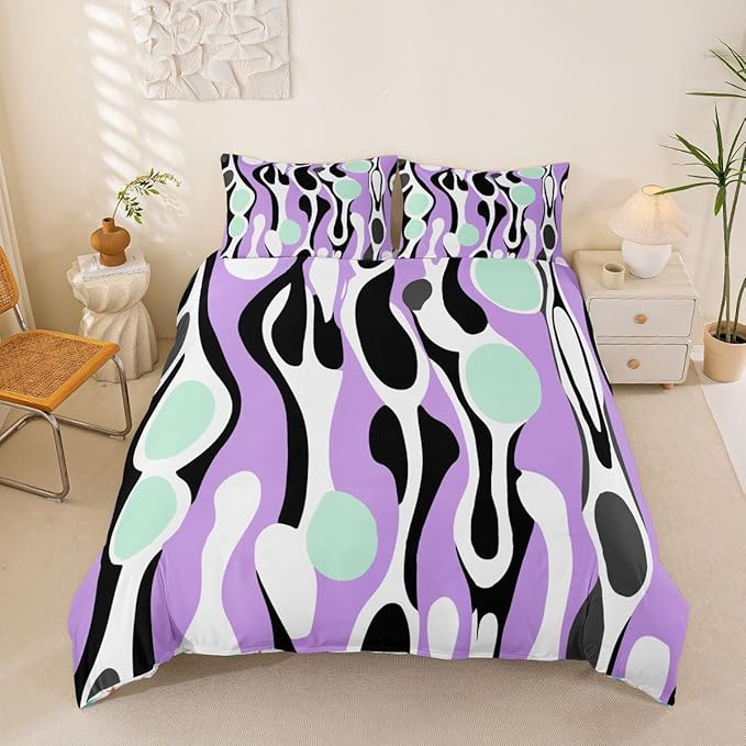 Erosebridal Organic Geometric Duvet Cover Set Modern Abstract Full Size Bedding Sets for Young Boys Retro Mid Century Comforter Cover Modern Fluid Art Irregular Circles Bed Set,Lavender Mint Green