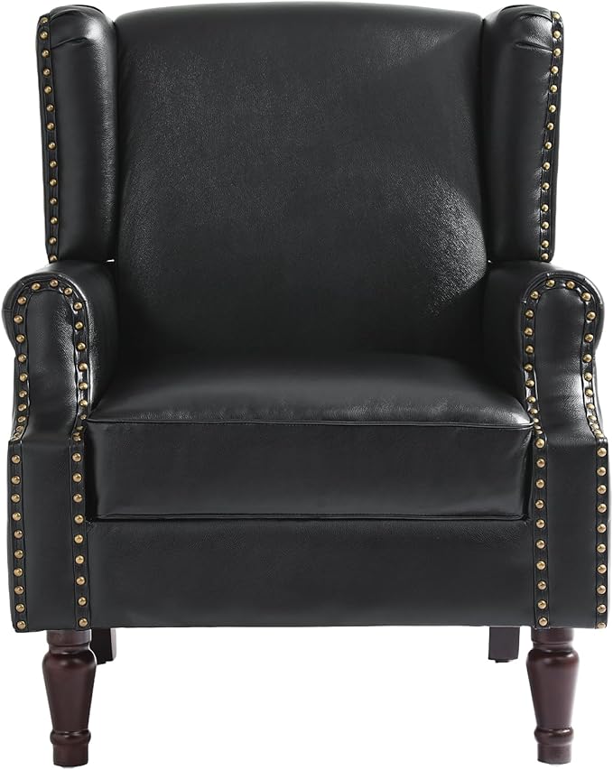 Pia Ricco High Back Floral Accent Chair - Retro Wingback Upholstered Armchair in Faux Leather, Nailhead Trim & Solid Wood Legs for Living Room Bedroom Reading Chair（Black