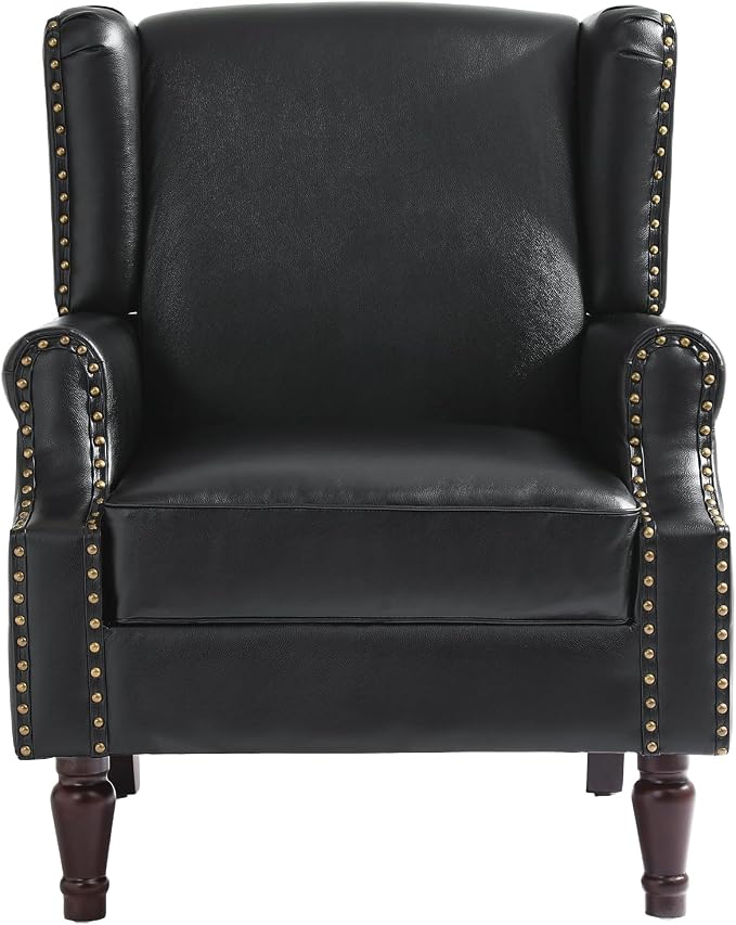 Pia Ricco High Back Floral Accent Chair - Retro Wingback Upholstered Armchair in Faux Leather, Nailhead Trim & Solid Wood Legs for Living Room Bedroom Reading Chair（Black