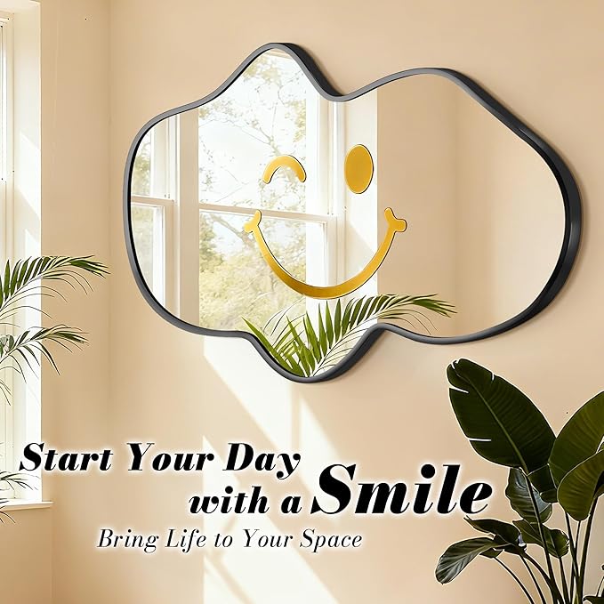 Irregular Wall Mirror, Black Bathroom Wavy Abstract Mirror for Over Sink, Decorative Cloud-Shaped Wall Mirror, Stylish Shatter-Proof HD Mirror for Bedroom, Entryway (26"x43", L, 1 Pack)