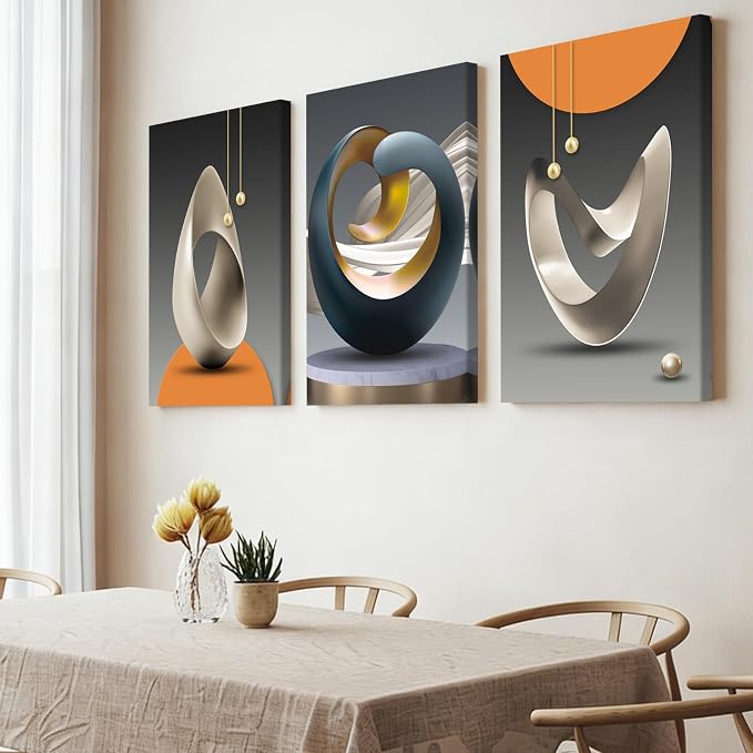 Pennimor 3 Piece Framed Abstract Wall Art, Geometric Wood Canvas Wall Decor, Modern Minimalist Bright Style Artwork Printing for Bathroom Bedroom Living Room Home Office Farmhouse 20x28in