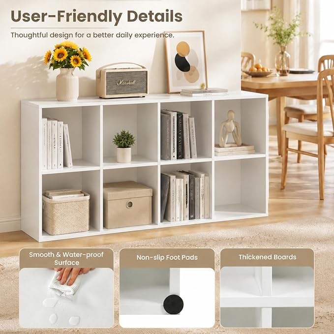 POWERSTONE 8 Cube Storage Organizer, Open Cube Bookshelf with Back Panels, Modern Display Cubby Bookcase for Bedroom Living Room Home Office, White