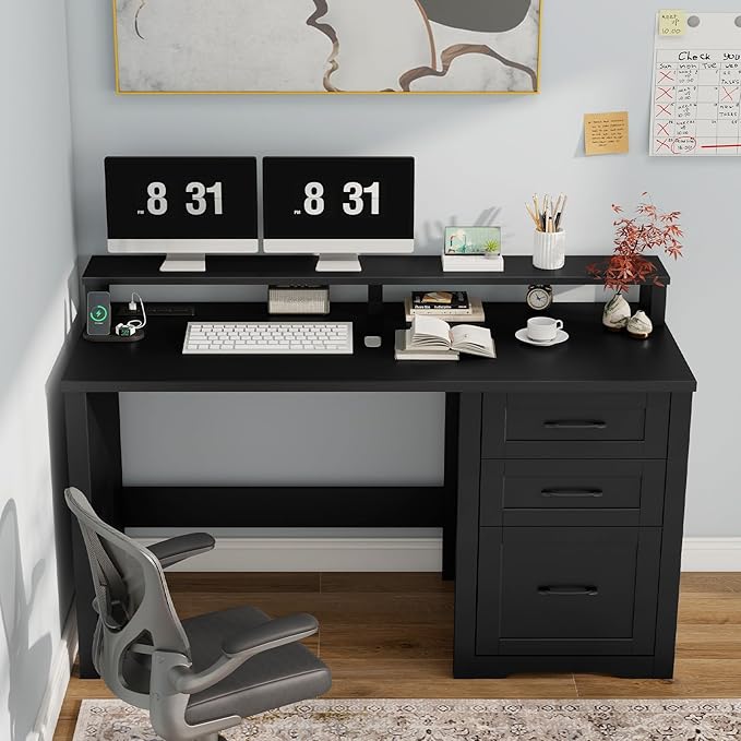 Vabches 47" Farmhouse Executive Desk with Monitor Stand & File Cabinet,3 Drawers Computer Desk with LED Lights and Power Outlets,Workstation for Home Office, Study,Writing.Pure Black