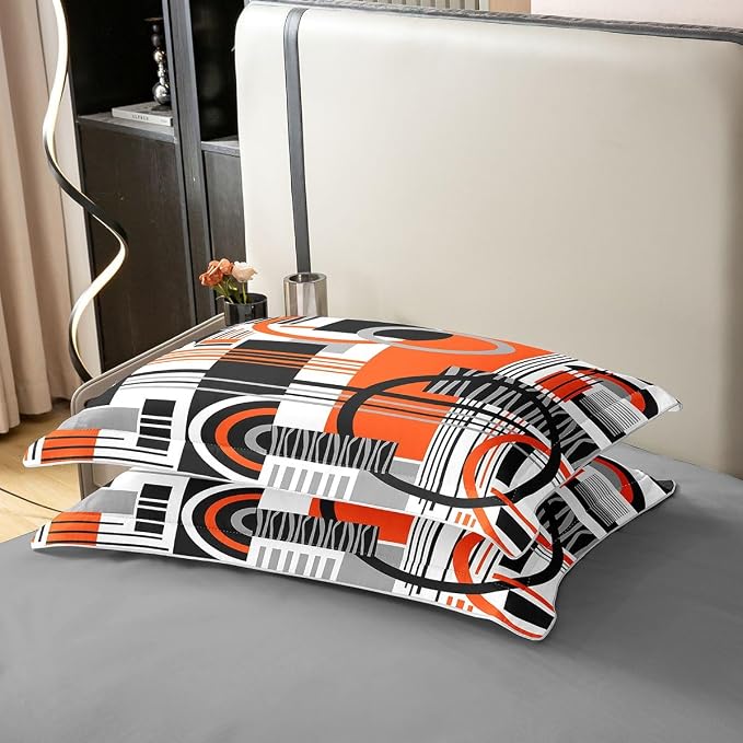 Erosebridal Art Deco Mid Century Duvet Cover Set Retro Modern Abstract Geometric 100% Cotton Comforter Cover Black and White Orange Circles Stripes Queen Bedding Sets, Contemporary Bed Sets