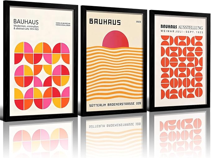 LIANGKESU Black Framed Bauhaus Wall Art Set of 3 16x24 Inch Mid Century Modern Orange Pink Geometric Canvas Prints Minimalist Retro Sunset Artwork for Living Room Bedroom Office Decor