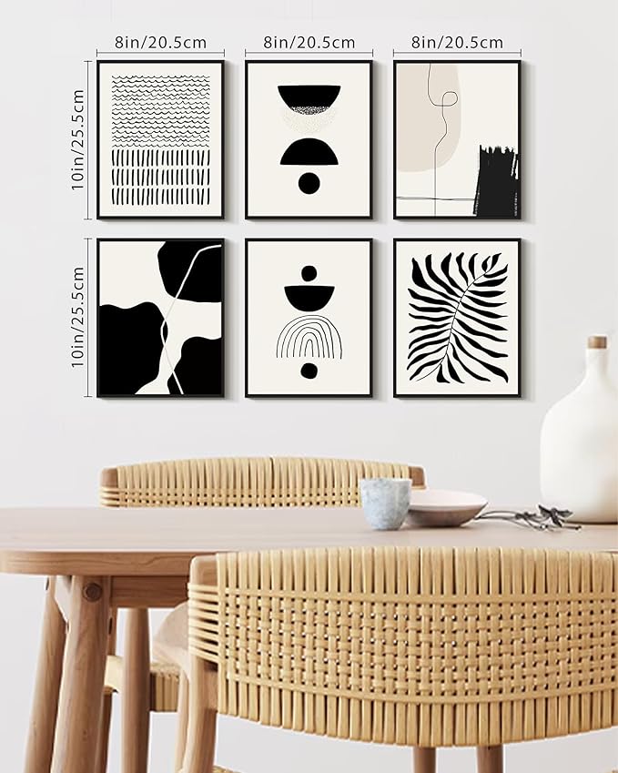 KUVIOKE Black Abstract Framed Wall Art Boho Room Decor Set of 6 Minimalist Geometric Line Art Bohemian Mid Century Modern Prints for Bedroom Living Room 8x10in (Black Framed)