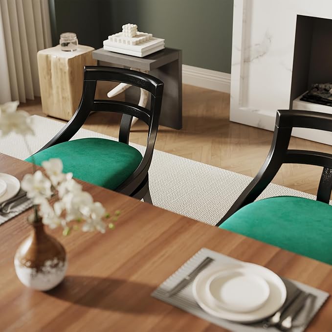 Modern Farmhouse Dining Chairs Set of 2 Mid Century Upholstered Dining Chair with Wooden Curved Back Kitchen Chairs for Dining Room Restaurant Cafe, Black-Velvet Green