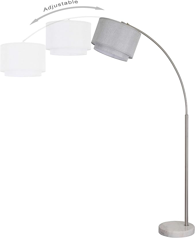 Major-Q 99-6938DS-GY Bedrooms Modern 81" Arc Tall Floor Living Room-Stand Up Arching Lamp with Grey Double Drum Style Shade and Marble Base, 6938xl-gy+rc