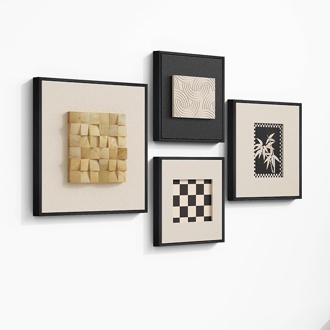 Large Framed 3D Wood Wall Art for Living Room, 4 Piece Modern Geometric Textured Paintings Artwork for Walls, Neutral Black and White Minimalist Wooden Home Wall Decor for Dining Room Hallway Bedroom