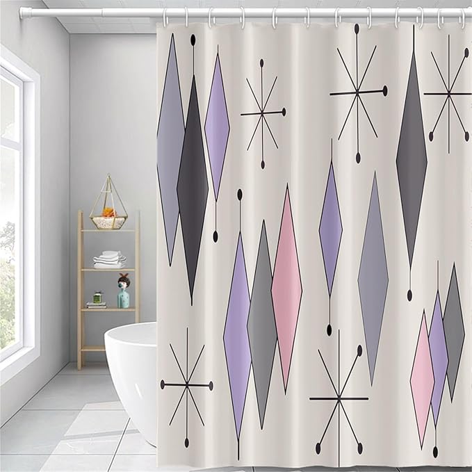 Boho Mid Century Shower Curtain Abstract Purple Grey Pink Diamond Geometric Atomic Starburst Pattern Beige for 1950s Retro Bathroom Decor Shower Curtain Set with 12 Hooks, 69x70 Inches