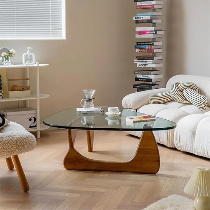 EASYSOUL Modern Glass Coffee Table, 44.88" D x 32.28" W x 15.75" H, Abstract Round Tea Tables for Living Room Home Office Industrial Cocktail Tables (Walnut-Clear Glass, 44.88")