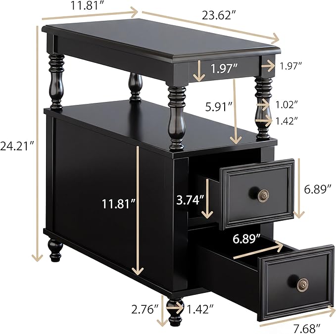 Tribesigns Solid Wood End Table, Vintage Side Table with 2 Drawers & 2-Tier Open Shelf, Mid-Century Nightstand, Slim Bedside Table for Small Space, Bedroom, Living Room, Black