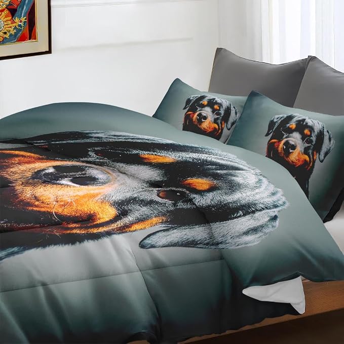 Comforter Set with Pillowcase Twin Size, Cute Happy Grey Rottweiler Dog, Bed Decor Black Arctic Animal for Kids and Adults, Soft Cozy Bedroom Bedding Set