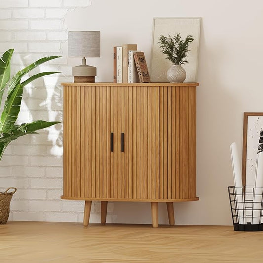 31.5" Fluted Sideboard Buffet Cabinet with Tambour Storage Oval Curved Accent Console Table for Dining Room Kitchen Living Room (Natural)