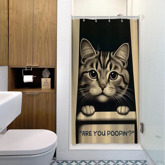 Cat Shower Curtains Cute are You Poopin' Funny Humorous Animal Whimsical Bathroom Curtain Curious Joke Cat Shower Curtain Sets for Bathroom Extra Long 54x72 in with 10 Hooks