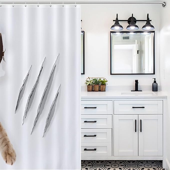 Cat Shower Curtain Funny Cat Hole Claw Scratches Playful Pet Pattern Duty Fabric Shower Curtains Set Bathroom Polyester Waterproof with 12 Hooks, 55x72Inch（140x183cm）