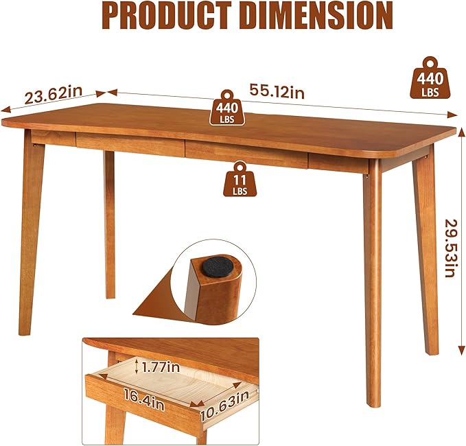 100% Solid Wood Desk with Drawers - 55 x 24 Inch Home Office Computer Desks, Modern Writing Desk with Drawers, Simple Study Table Makeup Vanity - Walnut Vintage Desks