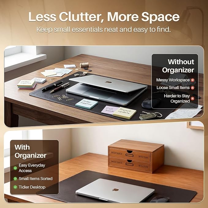 Flexzion Wood Desk Organizer with 2 Drawers, Vintage Desktop Drawers Cabinet for Office Supplies, Home Workspace, Countertop, Vanity, Craft Tools & Mail, No Assembly Required