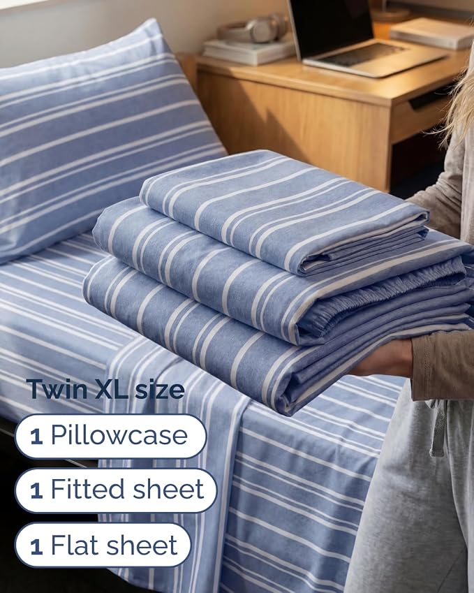 Twin XL Size 3 Piece Sheet Set - Comfy Breathable & Cooling Sheets - Hotel Luxury Bed Sheets for Women & Men - Deep Pockets, Easy-Fit, Soft & Wrinkle Free Sheets - Blue Stripes Oeko-Tex Bed Sheet Set