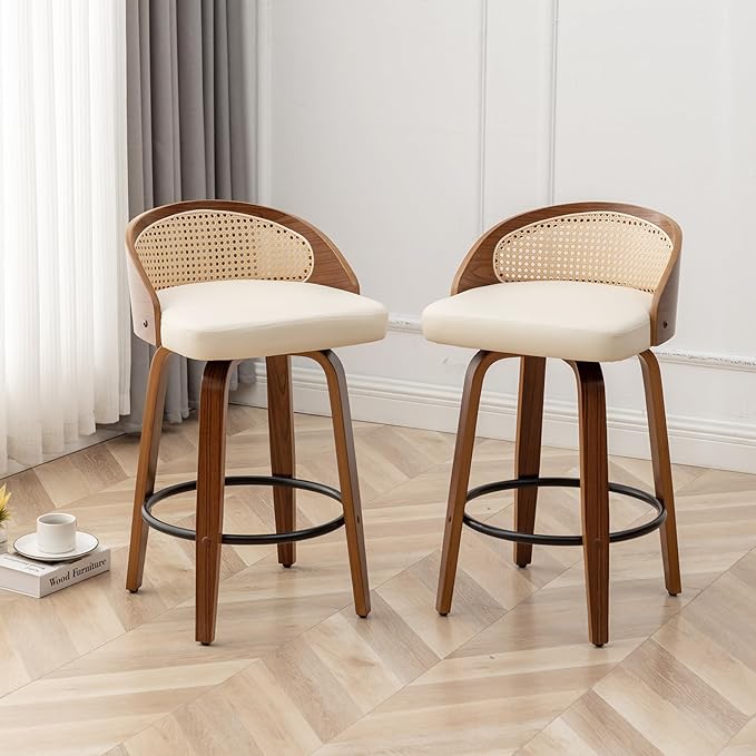30" Swivel Rattan Bar Stools Set of 2,Mid-Century Modern Faux Leather Upholstered Bar Height Stools,Kitchen Island Barstool with Rattan Low Backrest,Walnut Wood Finish Bar Chairs,Beige PU