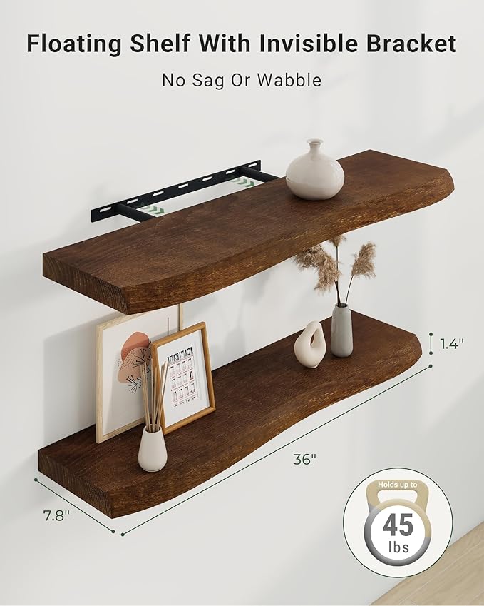 Axeman 36" Solid Wood Floating Shelves for Wall Decor, USA-Sourced Rustic Ash Wood Live Edge Shelf with Upgraded Heavy Invisible Bracket, Wall Mounted Shelf for Kitchen Bathroom Living Room, Walnut