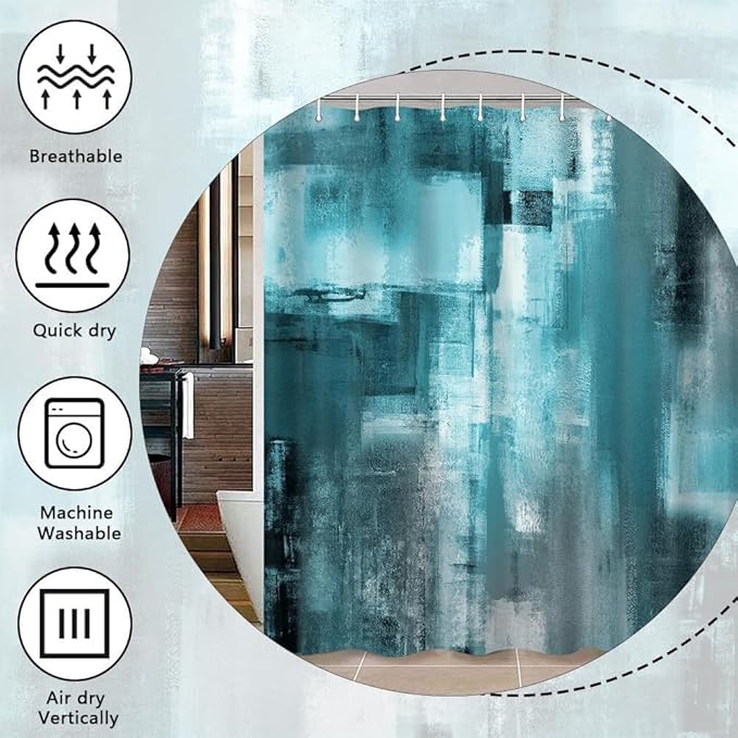 Teal Abstract Oil Shower Curtain, Modern Art Blue Grey Painting Fabric Bathroom Decor Set, Waterproof Polyester Fabric Bath Curtain with Hooks 72x78 Inch