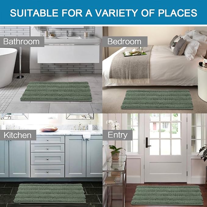 H.VERSAILTEX Bath Mats for Bathroom Non Slip Extra Thick Chenille Striped Bath Rug 24" x 36" Absorbent Non Skid Fluffy Soft Shaggy Rugs Washable Dry Fast Plush Mats for Indoor, Bath Room - Green Bay