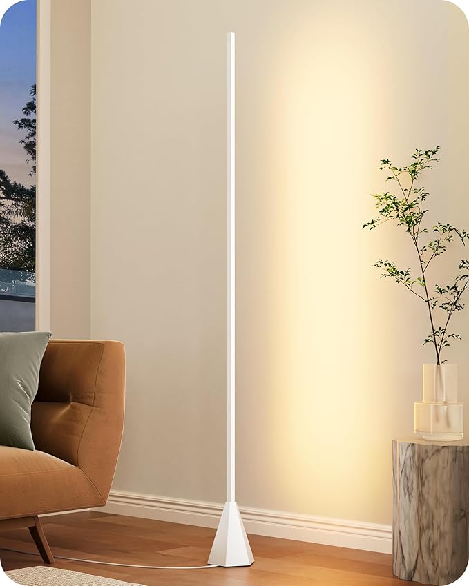 EDISHINE LED Corner Floor Lamp, New Gesture Control Dimmable Corner Light with Remote Control, 3000K-6000K Eye Caring Standing Lamp, Modern Minimalist Lit Lamp for Bedroom, Living Room, Office, White