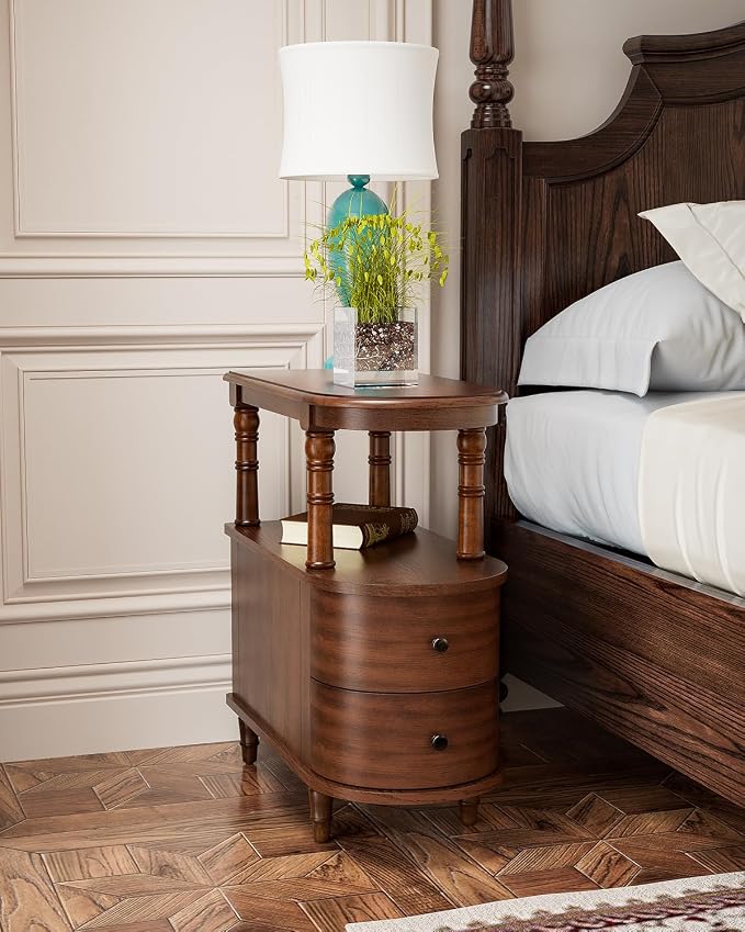 Biaco Solid Wood End Table with 2 Drawers & Shelf - Cherry Walnut Vintage Narrow Side Table, Pre-Assembled Slim Nightstand for Bedroom/Living Room (23.4" Dx11.4 Wx25.3 H), BG-A508-CY