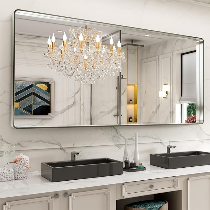 LOAAO 72X32 Inch Brushed Nickel Bathroom Mirror, Rounded Rectangle Silver Metal Frame Mirror, Brushed Nickel, Anti-Rust, Shatter Proof, Hangs Horizontally or Vertically