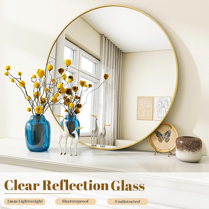 VooBang Gold Round Mirror - 16" Circle Wall Mirror with Simple Metal Frame, Modern for Bathroom, Bedroom, Entryway