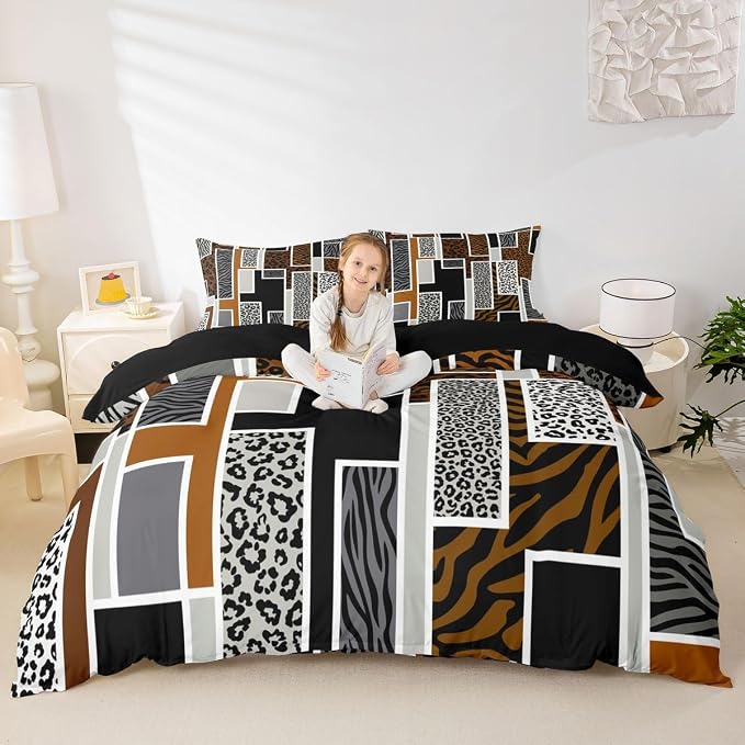 Erosebridal Brown Black Grey Leopard Toddler Bedding Set African Animal Leopard Skin Print Duvet Cover Cheetah Zebra Wildlife Comforter Cover for Kids Teen Adults,Geometric Stripes Patchwork Bed Set