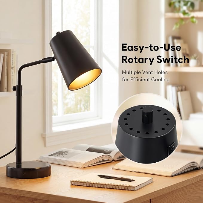 VONLUCE 20" Desk Lamp with LED Bulb, Metal Table Lamp Marble Base, Mid Century Modern Reading Lamp Office, Industrial Task Lamp Work Lamp for Reading Bedroom, Black