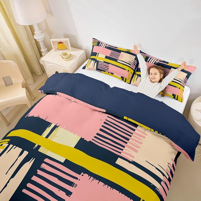 Erosebridal Vintage Mid Century Duvet Cover Full Retro Minimalism Bedding Set Hippie Watercolor Comforter Cover Pink Beige Navy Ombre Bed Set, Geometric Stripe Patchwork Bedding Abstract Decor