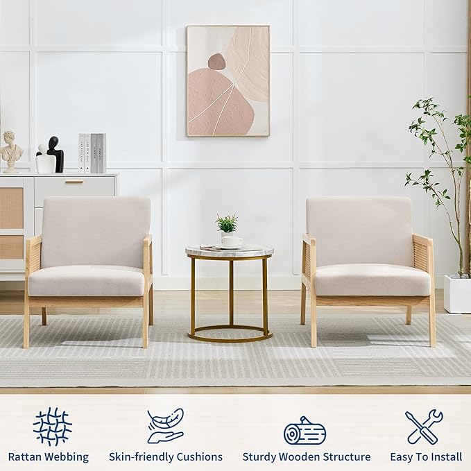 Mid Century Modern Accent Chair, Comfy Living Room Chairs with Sturdy Wood Legs, Rattan Backrest & Beige Thick Linen Cushion, Armchair for Bedroom Balcony Apartment (Beige-A) 2 PCS