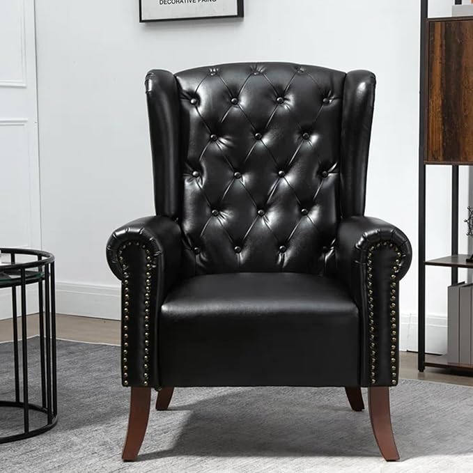 Faux Leather Accent Chair, Mid-Century High Back Armchair Upholstered Club Sofa Chair with Wooden Legs, Living Room Chair for Bedroom, Office, Lounge (Black)