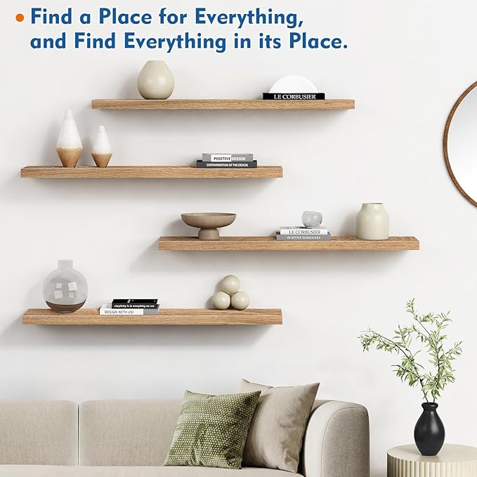 Light Wood Floating Shelves for Wall 36 Inch x 8 Deep, Extra Large Wall Shelf for Bedroom Living Room Books, Long Hanging Shelves for Office Bookshelf Art Decor (Light Brown Color, Set of 2)