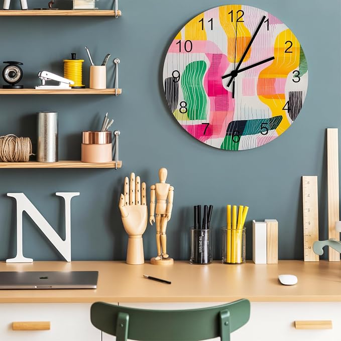 Impressionist Style Wall Clock Battery Operated Non-Ticking 10" Round Wood Clocks, Abstract Colorful Line Color Block Kitchen Wall Clock for School Bathroom Living Room Home Office Wall Decor