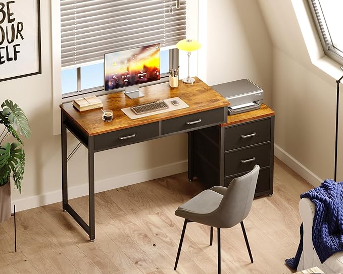 ODK Computer Desk with 5 Drawers, 53 Inch Office Desk with Printer Shelf, Reversible Work Desk for Home Office, Writing Table Desk for Storage, Rustic Brown