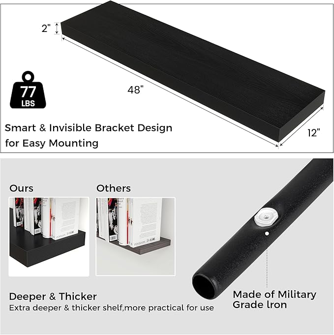 Floating Shelves for Wall, 48" W x 12" D x 2" H, 2 Pack of Long Wall Mounted Engineered Wood Shelves with Invisible Brackets for Living Room, Bedroom, Bathroom, Kitchen Decor, Black