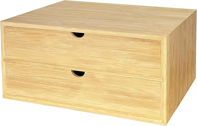 Bamboo Desk Organizer with 2 Drawers, Desktop Drawers Wooden Storage Box 13.4 x 7.1 x 7.5 Inches Countertop Organizer for Office Supplies, Solid Wood Tabletop Drawer No Assembly Required