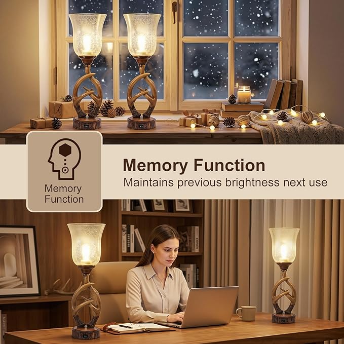 Scenekoy Antler Table Uplight Lamp Set of 2 for Living Room Bedroom, 20.5” Resin Memory Function Bedside Lamps with Glass Shade, Rustic Nightstand Lamp with USB Ports for Home Decor (Bulb Included)