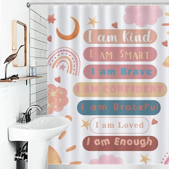 Rainbow Shower Curtain, Pink Boho Cute Inspirational Motivational Quotes Rainbow Colorful Pastel Waterproof Fabric Bathroom Shower Curtain for Baby Kids Girls Set with Hooks, 72"x78" Inch