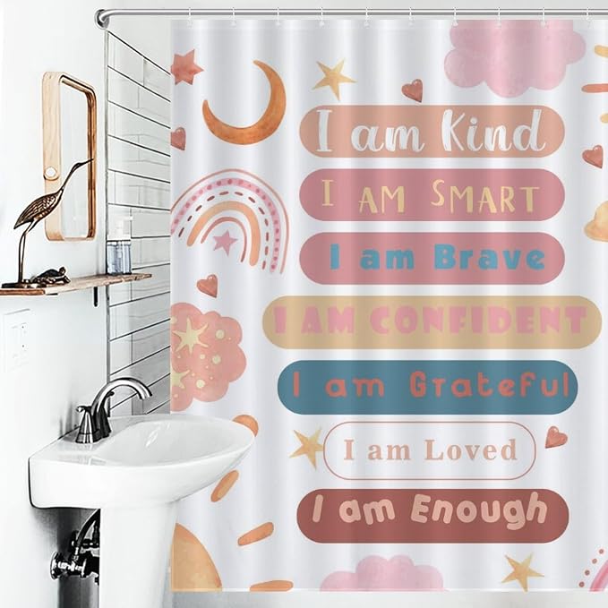 Rainbow Shower Curtain, Pink Boho Cute Inspirational Motivational Quotes Rainbow Colorful Pastel Waterproof Fabric Bathroom Shower Curtain for Baby Kids Girls Set with Hooks, 72"x78" Inch